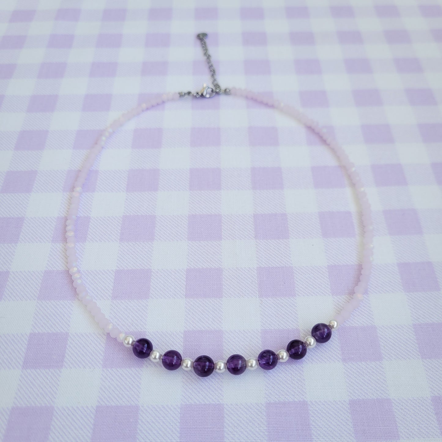Amethyst Natural Gemstone, Swarovski White Pearl & Crystal Bead Necklace
