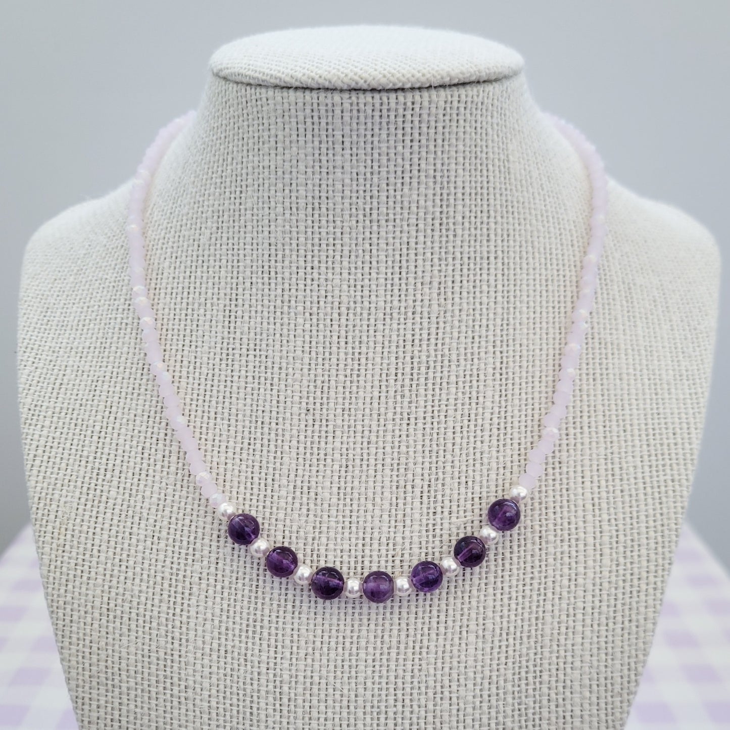 Amethyst Natural Gemstone, Swarovski White Pearl & Crystal Bead Necklace