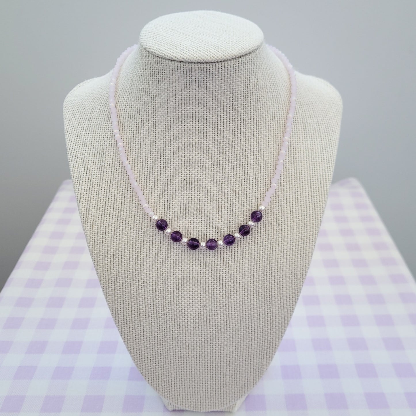 Amethyst Natural Gemstone, Swarovski White Pearl & Crystal Bead Necklace