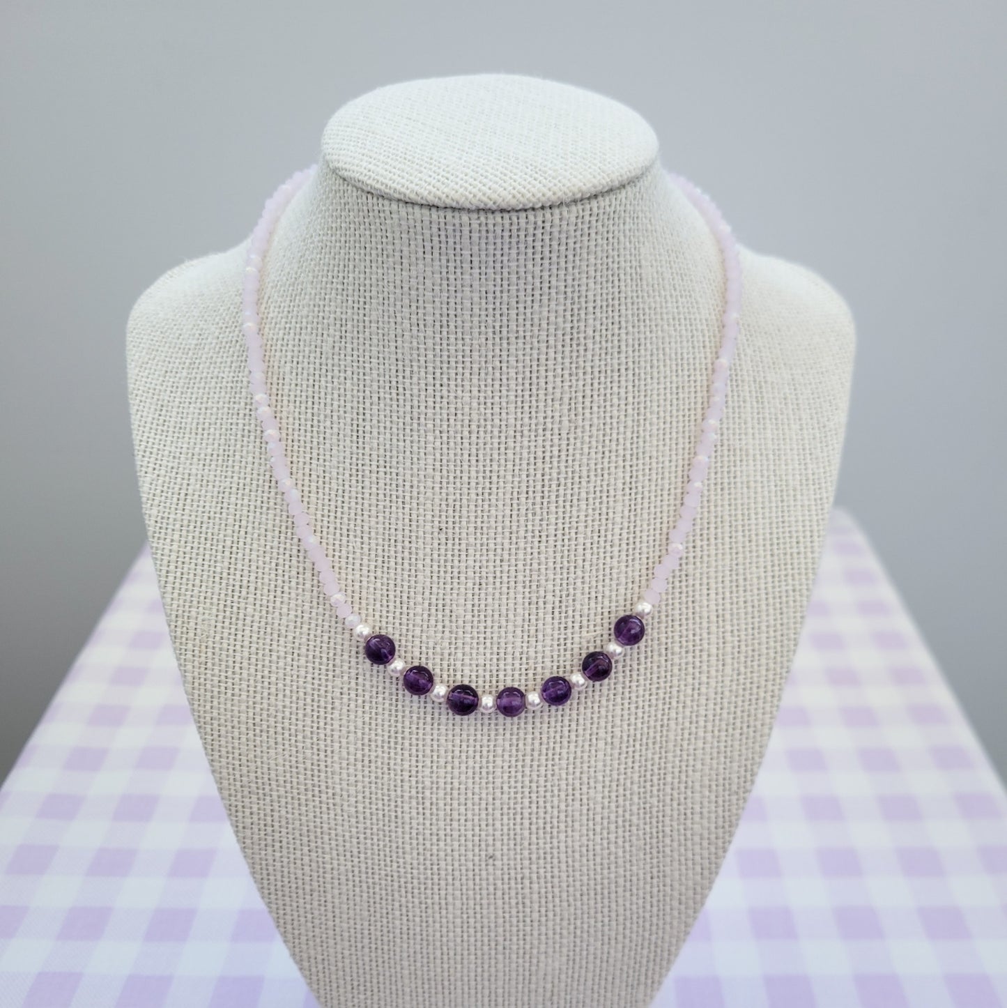 Amethyst Natural Gemstone, Swarovski White Pearl & Crystal Bead Necklace