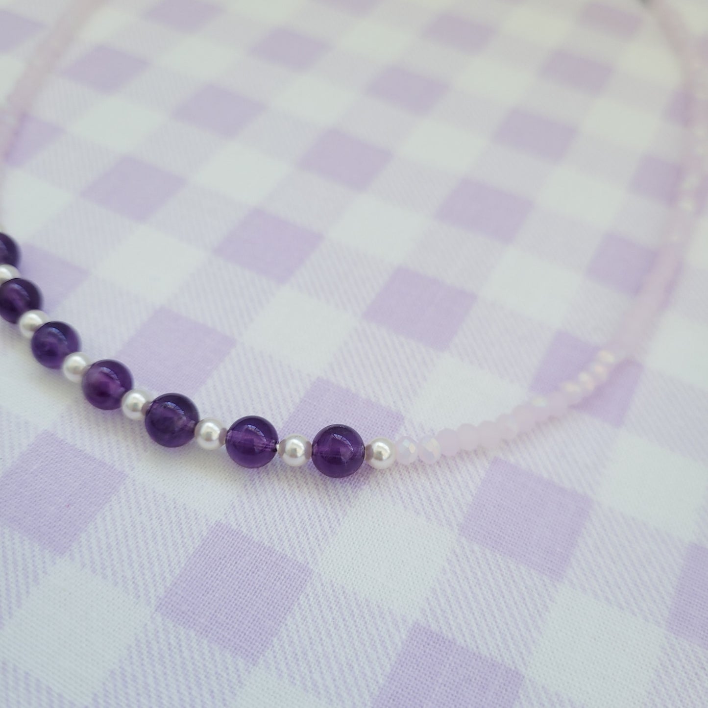 Amethyst Natural Gemstone, Swarovski White Pearl & Crystal Bead Necklace
