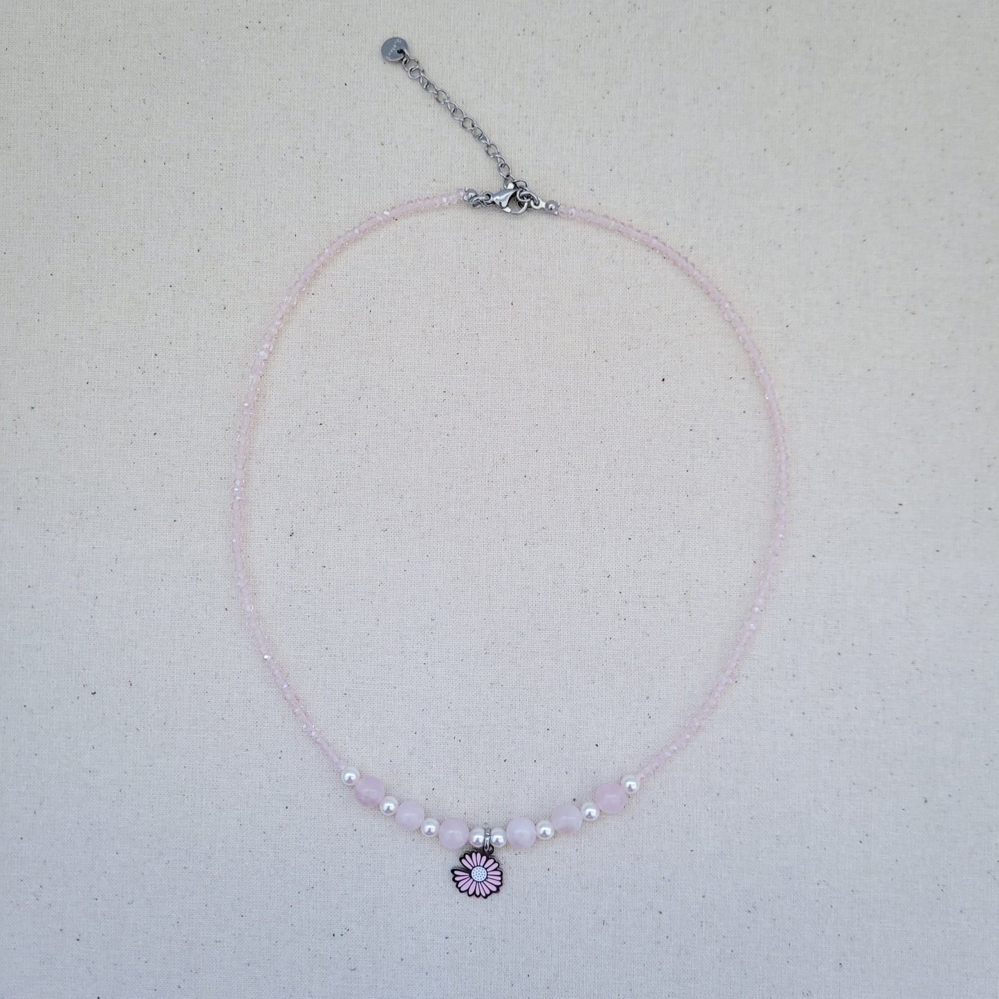 Madagascar Rose Quartz, Swarovski White Pearl, Crystal Bead, Pink Daisy Flower Necklace
