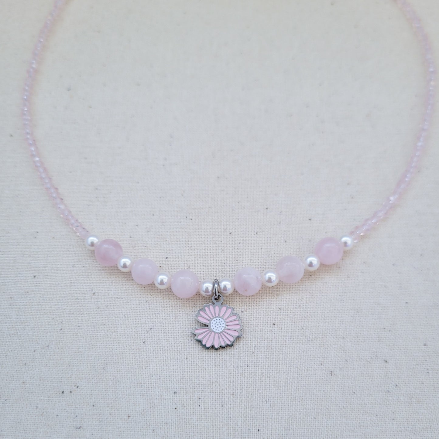 Madagascar Rose Quartz, Swarovski White Pearl, Crystal Bead, Pink Daisy Flower Necklace