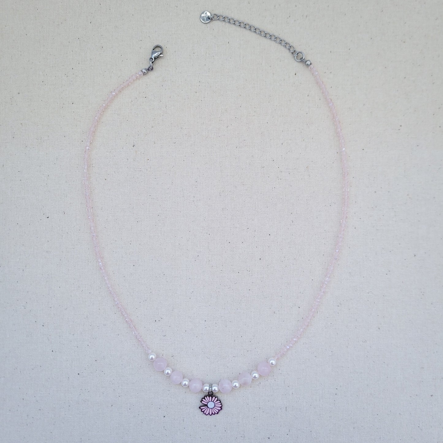 Madagascar Rose Quartz, Swarovski White Pearl, Crystal Bead, Pink Daisy Flower Necklace