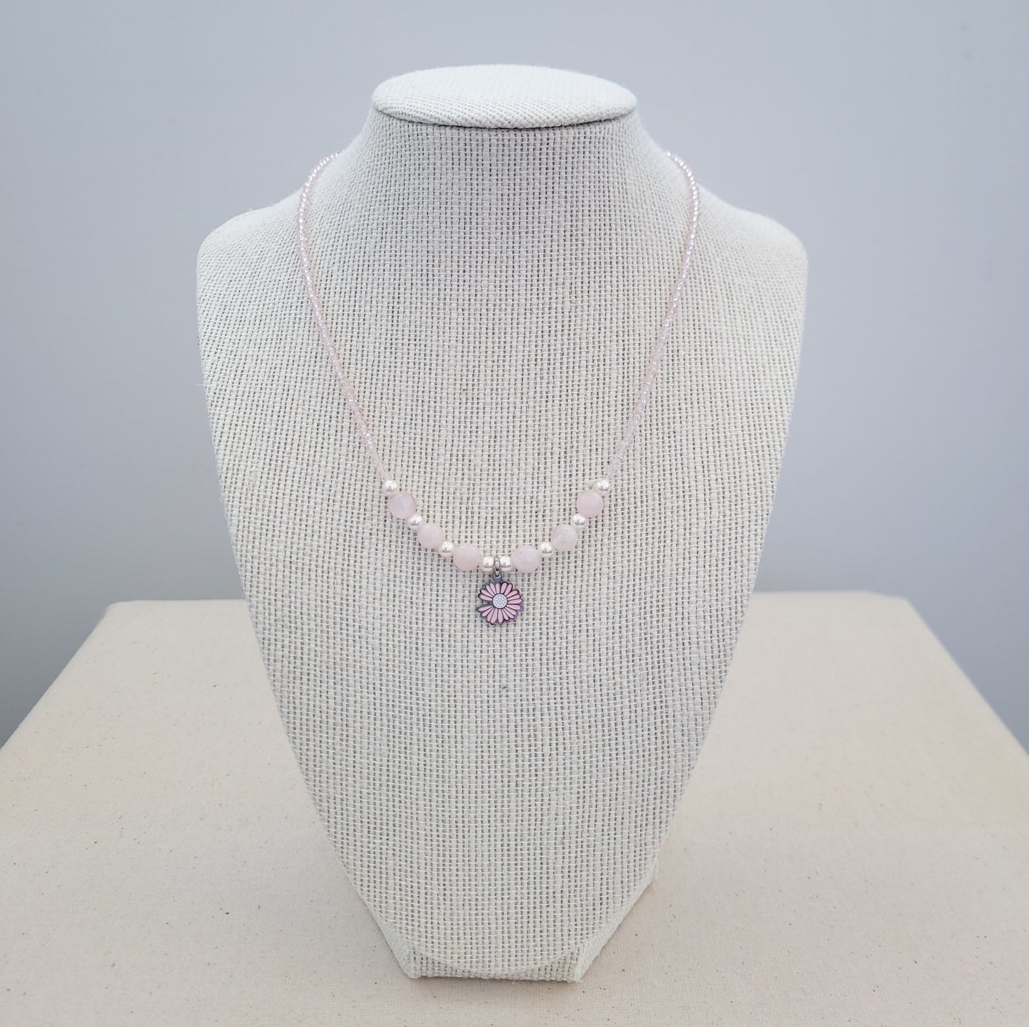Madagascar Rose Quartz, Swarovski White Pearl, Crystal Bead, Pink Daisy Flower Necklace
