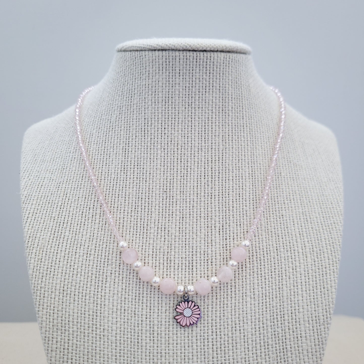 Madagascar Rose Quartz, Swarovski White Pearl, Crystal Bead, Pink Daisy Flower Necklace