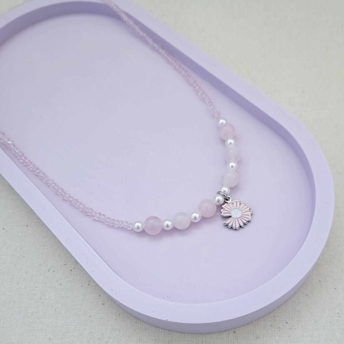 Madagascar Rose Quartz, Swarovski White Pearl, Crystal Bead, Pink Daisy Flower Necklace