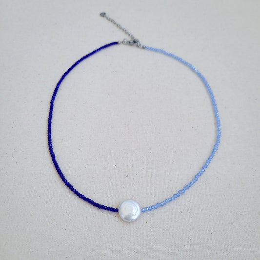 Freshwater Coin Pearl & Crystal Bead Necklace | Blue Necklace