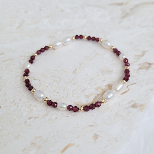 Genuine Red Garnet Gemstone | Freshwater Pearl | 14K Gold Filled Bracelet