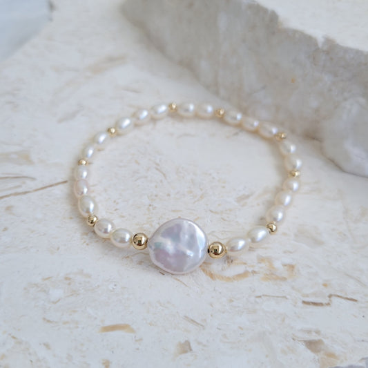 Genuine Freshwater Pearl | Coin Pearl | 14K Gold Filled Stretch Bracelet