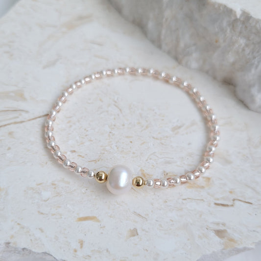Freshwater Pearl & Swarovski White Pearl | 14K Gold Filled | Miyuki Seed Bead Stretch Bracelet
