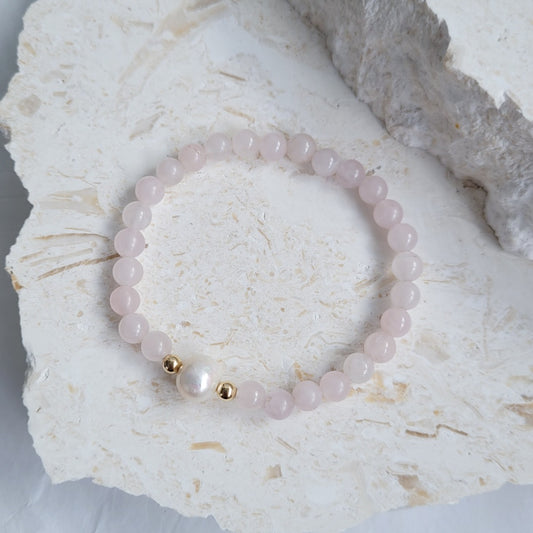 Rose Quartz Natural Gemstone & Freshwater Pearl | Gold Filled Stretch Bracelet