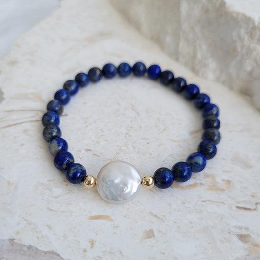 Lapis Lazuli & Coin Pearl | Gold Filled Bead Stretch Bracelet