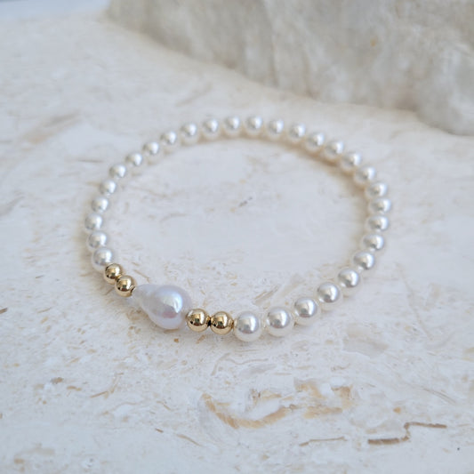 White Baroque Tail Pearl & Swarovski White Pearl | 14K Gold Filled 4mm Round Beads Stretch Bracelet